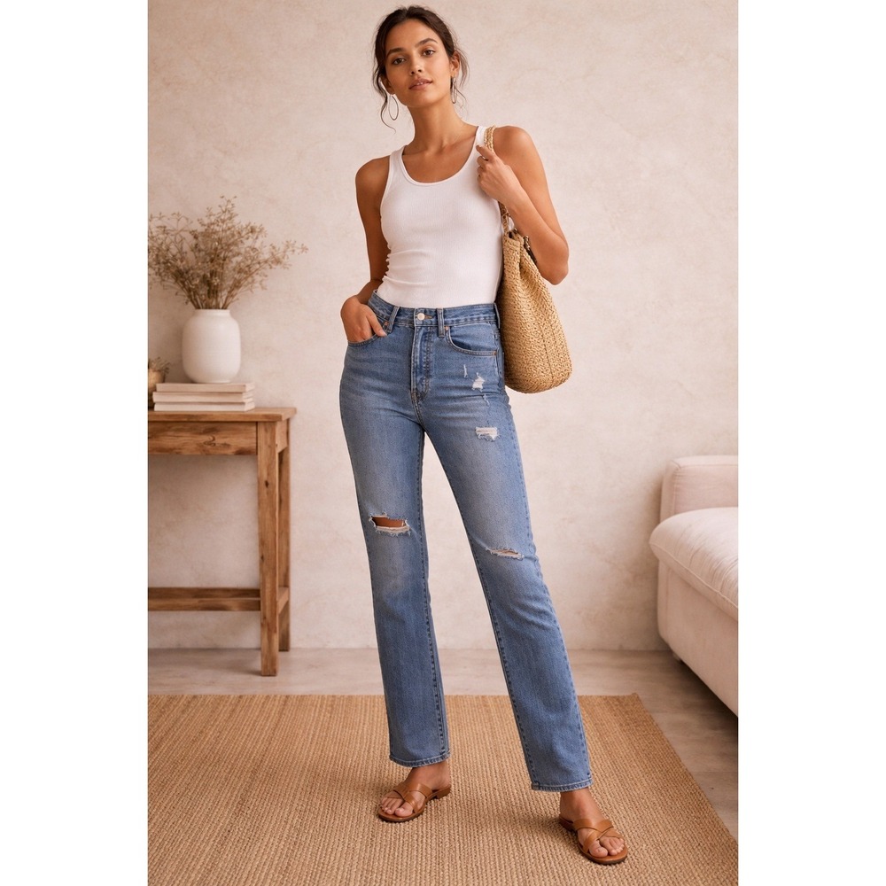 Levi's‎ Wedgie Straight Blue Jeans Distressed Raw Hem Button Fly Women's Sz 27
